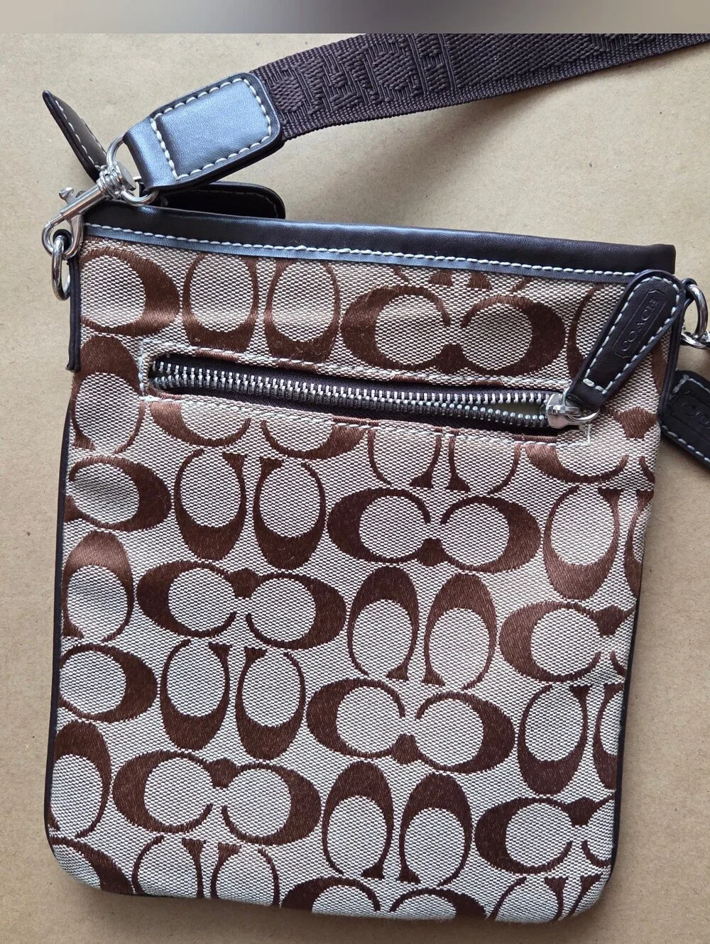 Vintage COACH Signature Stripe Swingpack Crossbody Bag In Brown